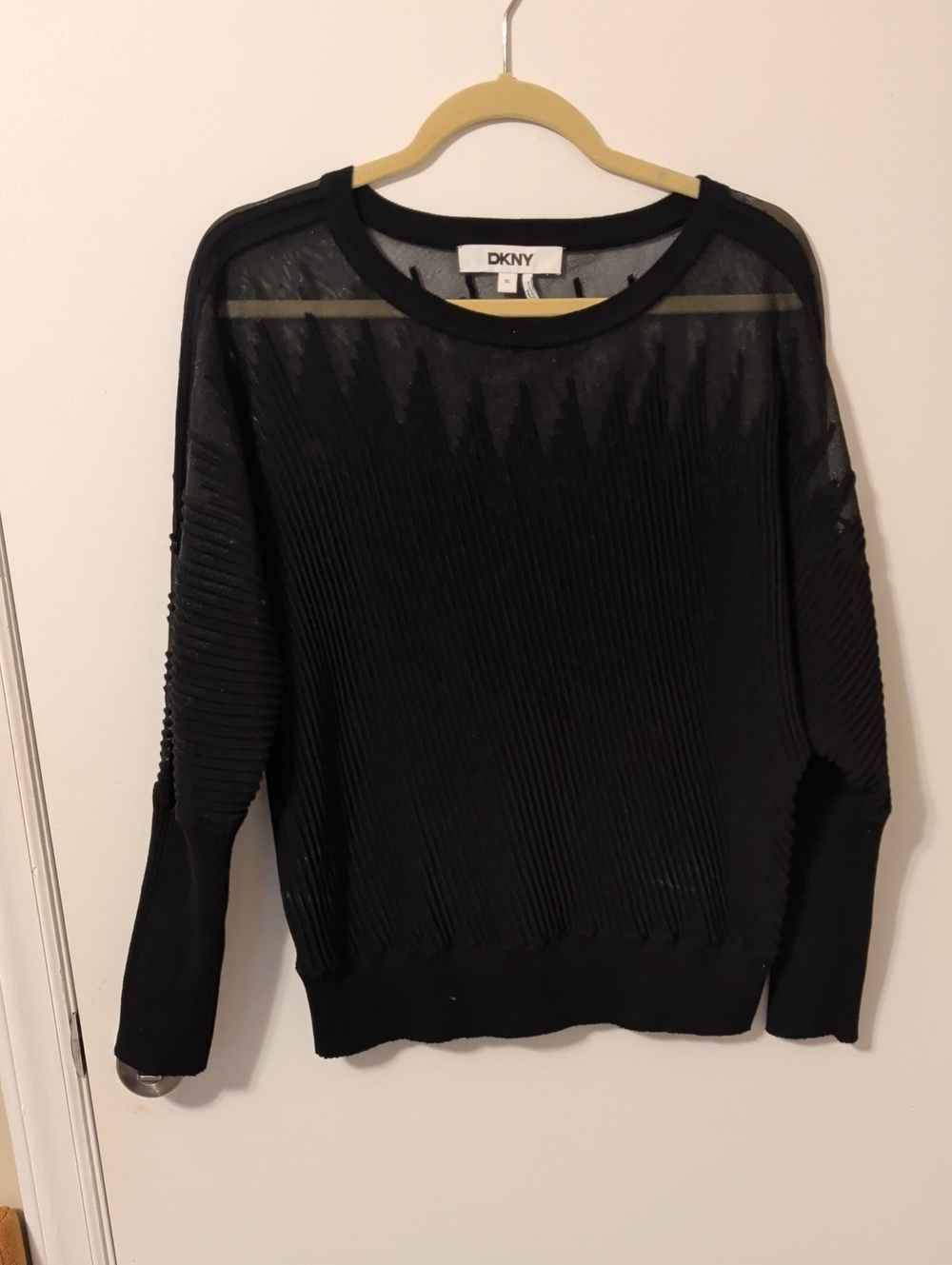 DKNY Black Sheer Ribbed Crewneck Sweater
